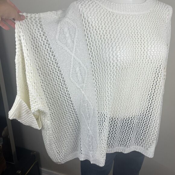 Pol Anthropologie Ivory Open Knit Oversized Pullover Boho Sweater Lace Pocket - Picture 4 of 11